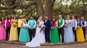 Couple Marries In Magical Disney Themed Wedding Complete With A Walt Disney Officiant Disney Princess Wedding Disney Wedding Theme Disney Bridesmaids