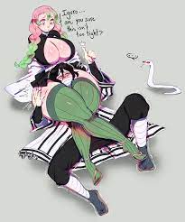 ... 1boy 1girls between thighs braided hair breasts canon couple  cleavage couple cowgirl position deep skin demon slayer female gradient  hair green eyes green legwear grey background haori headlock