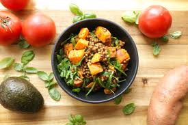 Warm Lentil And Sweet Potato Salad Warm The Soul With This Lentil And Sweet Potato Salad With Arugul Salad With Sweet Potato Vegan Salad Dressing Vegan Salad