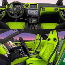 Nissan Gt R Custom Interior Lime Green And Black Hexagon Stitch Pattern Automotive Upholstery Custom Car Interior Car Interior Diy