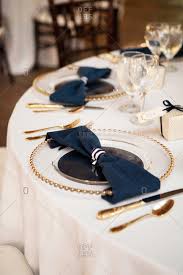 See more ideas about navy table, wedding table, wedding decorations. Table Setting With Navy Blue Napkins At A Wedding Stock Photo Offset