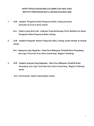 .pengacara majlis sambutan hari guru smk (p) bukit kuda klang ,2019 perhatian, minta kerjasama semua pelajar untuk senyap, majlis esa, penolong kanan petang guru guru kanan mata pelajaran barisan pendidik yang amat disayangi. Skrip Pengacaraan Majlis Sambutan Hari Guru