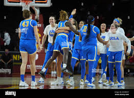 UCLA Bruins forward Izzy Anstey (43), guard Kayla Owens (1), guard Chantel  Horvat (0) and forward IImarI Thomas (24) celebrate after an NCAA college  womens basketball game against the UCLA Bruins, Sunday,