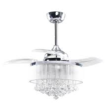 When turning off, the blades will put inside and become 'invisible', totally a crystal chandelier and pendant light; Parrot Uncle Broxburne 36 In Indoor Chrome Downrod Mount Retractable Crystal Chandelier Ceiling Fan With Light And Remote Control F3502110v The Home Depot