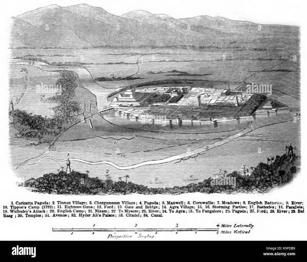 This perspective plan of Seringapatam provides a detailed and artistic view of the city, historically significant as the site of the Battle of Seringapatam in 1799. The plan illustrates the city's layout,
