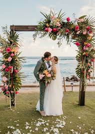 Tropical Inspired Ceremony Arch The Beach House Kauai Oceanfront Wedding Hawaii Wedding Wedding Beach Ceremony