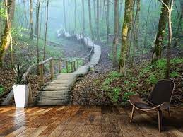 A truly stunning mural which will add a sense of depth and drama to any room. Foggy Forest Stairway Wall Mural Wallsauce Uk Forest Wall Mural Woodland Wallpaper Floor Murals