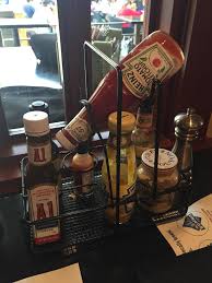 This Restaurant Tabletop Condiment Caddy Has A Special Holder To Make Sure The Ketchup Bottle Is Always Primed For Use Condiment Caddy Inventions Bottle