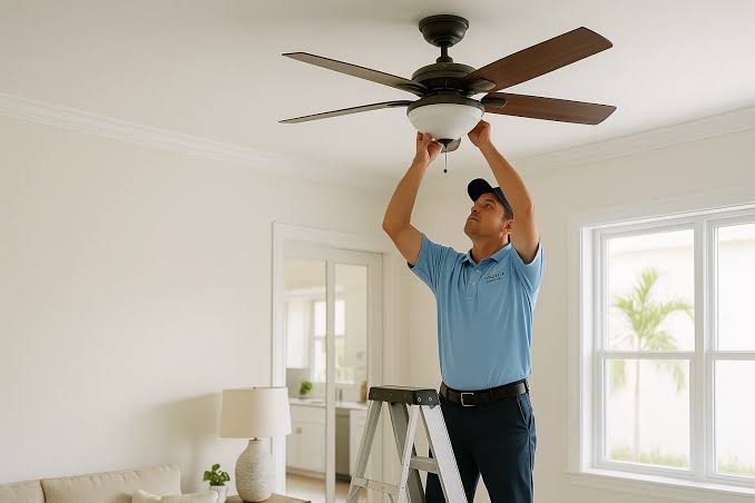 Fitter mounting a ceiling fan in an Erith DA8 home