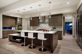It makes the kitchen furniture. Delightful Calgary Dark Wood Floors In Kitchen Contemporary Kitchen Light Floor White Wall Pendant Lighting Breakfast Bar Counter Stool Island Brown Cabinets