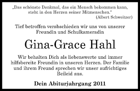 Traueranzeigen von Gina Grace Hahl | rz-trauer.de
