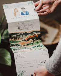 Illustrated Fold Out Watercolor Wedding Invitations Kartu Pernikahan Undangan Perkawinan Desain Undangan Perkawinan