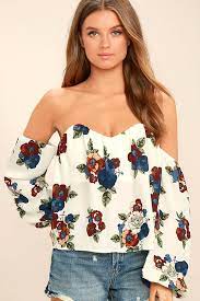 Lovely White Floral Print Top Off The Shoulder Top Boned Crop Top 44 00 Lulus
