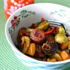 Crumble chicken over the mixture and mix well. Maple Roasted Fall Vegetables With Chicken Apple Sausage