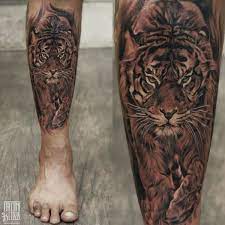 Realistic Tiger Portrait Tattoo By Eric Tiger Tattoo Tiger Tattoo Design Leg Tattoos