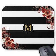 Black And White Striped Mouse Pad Monogrammed Marsala Floral Black Amp White Stripes Mouse Pad Black And White Gifts Unique Special B W Style Black And White Style Burgundy Style Gold Style