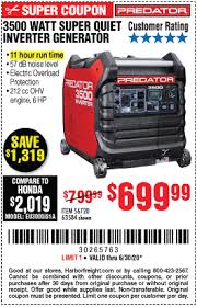 Predator 3500 Watt Super Quiet Inverter Generator For 699 99 Harbor Freight Coupons The predator inverter generator is one quiet and efficient generator ! predator 3500 watt super quiet inverter