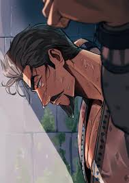 tobo katsuo, king magnifico, wish (disney), highres, 1boy, bara, beard,  blood, cuffs, defeat, facial hair, from side, goatee, grey hair, handcuffs,  male focus, mature male, medium sideburns, mustache, pectoral cleavage,  pectorals, profile,