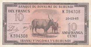1965 france 10 francs silver bu unc subtle toned color superb choice (mr). Banknote Burundi 10 Francs Cows 1965 Vf To Xf P 9 K 394308