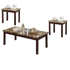 The sturdy wooden base is finished in a deep brown with ornate detailed decorative accents on the table skirts. 3 Piece Coffee And End Set In Faux Marble And Cherry Solid Wood Mdf Paper Veneer Overstock 24231257