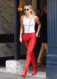 Miley Cyrus Stuns In Red Leather Lace Up Pants And White Tank Top During Nyfw Daily Mail Online