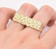 Real 10k solid yellow gold 7mm diamond cut nugget men women band ring. Men S Rectangular Nugget Diamond Cut Two Finger Ring Real 10k Yellow Gold S 11 Ebay