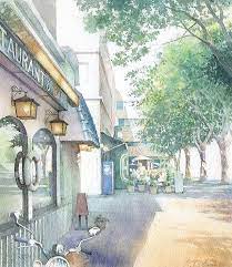 水彩画テラス 横浜の風景 新緑の港町 開港広場付近 水彩画 風景 水彩 水彩風景画