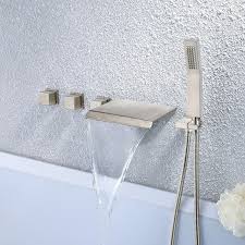 Moda Waterfall Wall Mounted Tub Filler Faucet With Hand Shower Brushed Nickel In 2020 Waterfall Bathtub Faucet Tub Faucet Bathtub Faucet