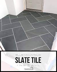 The antiqued face and edge with a slight riven surface creates a reclaimed appearance. Blue Mountauk Slate Tile Install Remodelando La Casa
