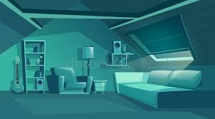 Interior of a large bright office with a large window and a panorama of the night city. Vector Attic Interior Children Playroom With Furniture Stock Vector Illustration Of Garret Background 122265418