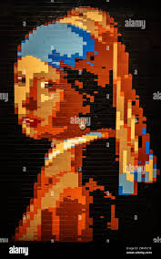 Lego Art Exhibition in Olympia Theater made by artist Nathan Sawaya. Girl  with the Pearl Earing. Made of Lego Bricks Stock Photo