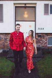 Couple Wearing Traditional Chinese Wedding Suit And Dress Traditional Chinese Wedding Chinese Wedding Outfits Chinese Wedding Dress