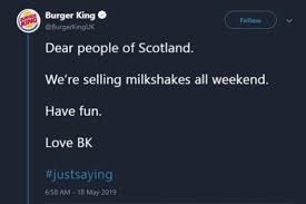 Here are some some seriously funny burger king tweets. They Ban A Tweet From Burger King About His Shakes For Encouraging Violence Against Brexit Politicians With The Slogan Have Fun Teller Report