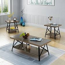Beatrice Industrial 3 Piece Faux Wood Coffee And End Table Set Grey Finish Coffee Table 3 Piece Coffee Table Set Coffee And End Tables