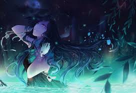 She's an otaku who loves to play online rpg games with her small group of friends, and is the leader. Vocaloid Alys Long Hair Purple Eyes Black Dress Ribbon Flowers Water Night Anime Girls Anime Wallpapers Hd Desktop And Mobile Backgrounds