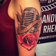 Mic and rose in these collections: Shoulder New School Flower Microphone Rose Tattoo By Solid Heart Tattoo