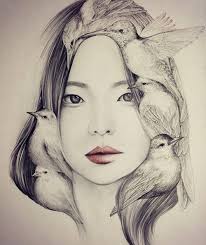 Black And White Woman Portrait Drawing Black And White Woman With Birds Drawing Okart Aka Okjungok Portrait Illustration Portrait Drawing Bird Drawings
