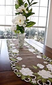 Embroidered White Magnolia Table Linen Runner In 2021 Elegant Tablecloth White Magnolia Magnolia Design