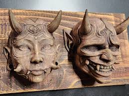 Demon Headphone And/or Key Hangers. Oni male and Hannya female Versions.  Rustic Wall Art