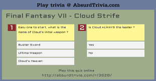 The more questions you get correct here, the more random knowledge you have is your brain big enough to g. Trivia Quiz Final Fantasy Vii Cloud Strife