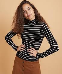 Yellow high neck long sleeve jumpsuit. Chamonix Ribbed Turtleneck Sweater In Black White Stripe Marine Layer