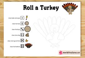Whoever completes their turkey first wins! Free Printable Roll A Turkey Game For Thanksgiving