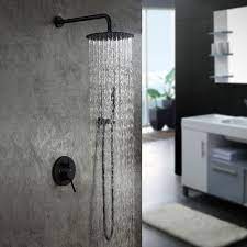 Modern Matte Black Wall Mounted Rain Shower System With Round Rainfall Shower Head Handheld Shower Set S Rain Shower System Shower Systems Rainfall Shower Head