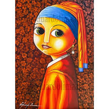 Essas sao algumas releituras de obras famos que pintei usando meu estilo.  Qual sua favorita? 1- Van Gogh 2- Monalisa 3- O beijo 4- Moça com brinco de  pérola
