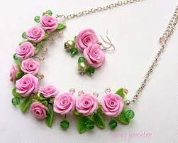 Pink Roses Flower Jewelry Romantic Necklace Pink Necklace Flower Jewellery Polymer Clay Flower Jewelry Wedding Flower Jewelry