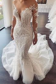 Long Sleeves V Neck Lace Mermaid White Wedding Dresses Online In 2020 Wedding Dresses Lace Bridal Dresses Lace Most Beautiful Wedding Dresses