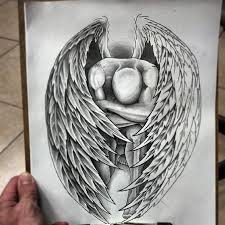 An angel with armors such as a sword can create a masculine look. Depressed Bold Male Angel Standing On Knees Tattoo Design Tattooimages Biz