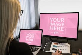 If You Re Into Multitasking Then You Might Enjoy This Mockup Template Featuring A Businesswoman Working On A Dual Screen Dual Monitor Setup Office Setup Setup