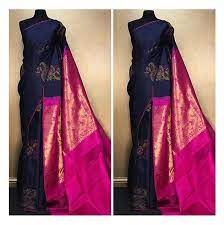 Midnight Blue And Magenta Borderless Silk Saree From Va Collections Saree Accessories Elegant Saree Blue Silk Saree