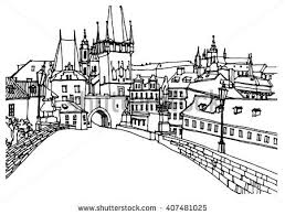 Scene Street Illustration Hand Drawn Ink Line Sketch European Old Town Prague Czech Republic With Buildings Roofs In Outline Travel Postcard Prague Drawings